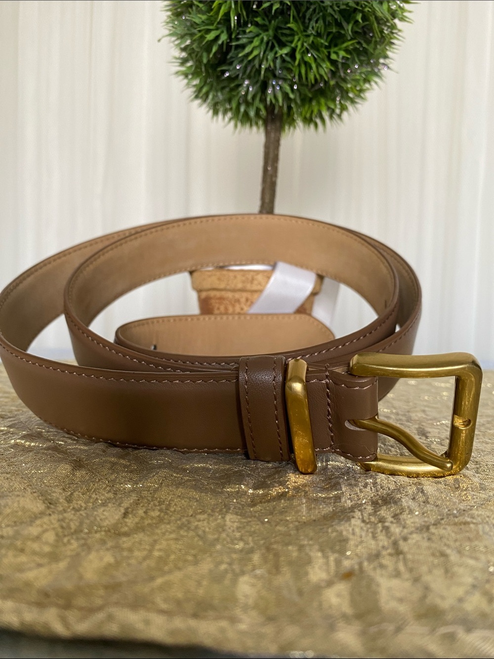 Classic Light Brown Genuine Leather Men's Belt with Golden Brass Buckle Size XL